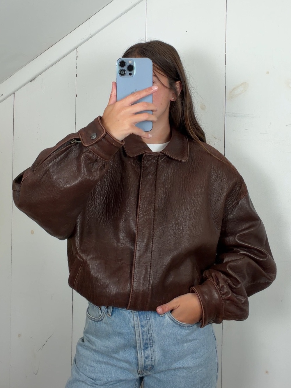 Vintage Brown Genuine Leather Bomber Jacket Men’s Large Drop Shoulder Patina 90s